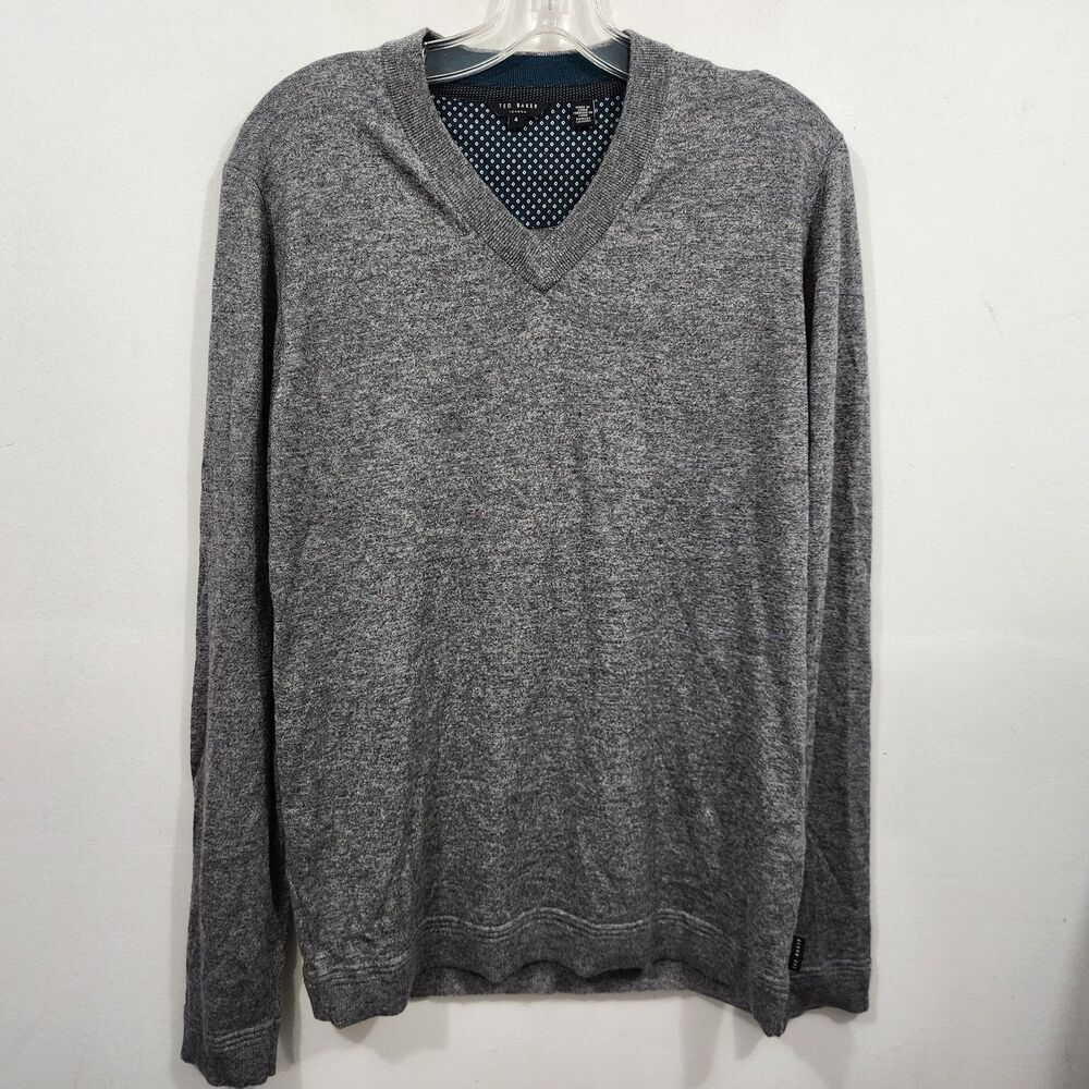 Ted Baker Noel Gray Heathered V-neck long-sleeve sweater Cashmere Wool Silk Lrg